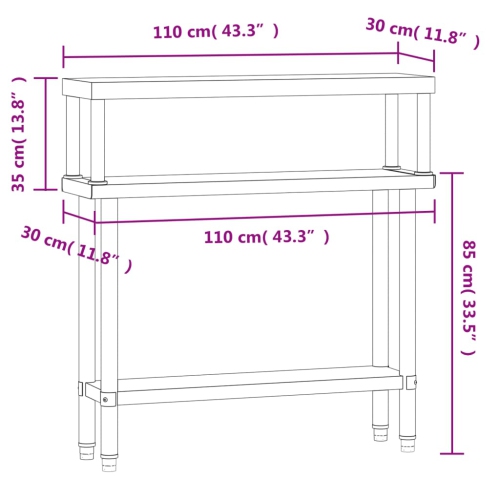 Table de travail de cuisine avec tablette supérieure 1 x 10 x 30 x 30 po en acier inoxydable 120 cm