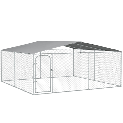 PawHut Dog Kennel Outdoor Run Fence with Roof, Steel Lock, Mesh Sidewalls for Backyard & Patio, 15.1' x 15.1' x 7.5'