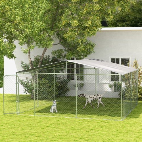 PawHut Dog Kennel Outdoor Run Fence with Roof, Steel Lock, Mesh Sidewalls for Backyard & Patio, 15.1' x 15.1' x 7.5'