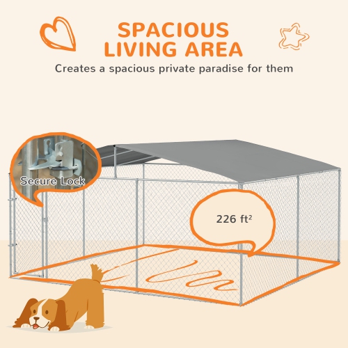 PawHut Dog Kennel Outdoor Run Fence with Roof, Steel Lock, Mesh Sidewalls for Backyard & Patio, 15.1' x 15.1' x 7.5'