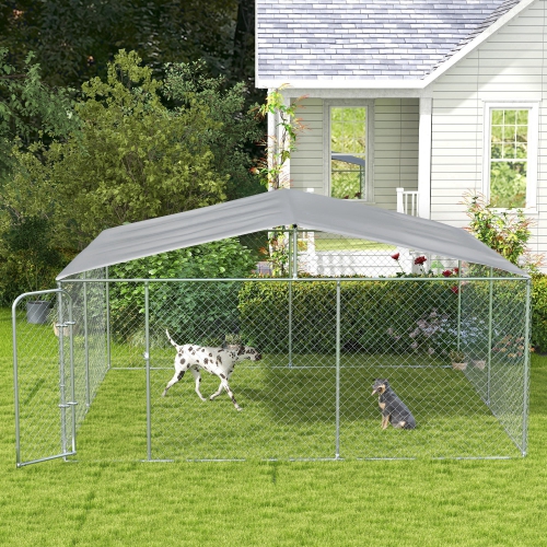 PawHut Dog Kennel Outdoor Run Fence with Roof, Steel Lock, Mesh Sidewalls for Backyard & Patio, 15.1' x 15.1' x 7.5'