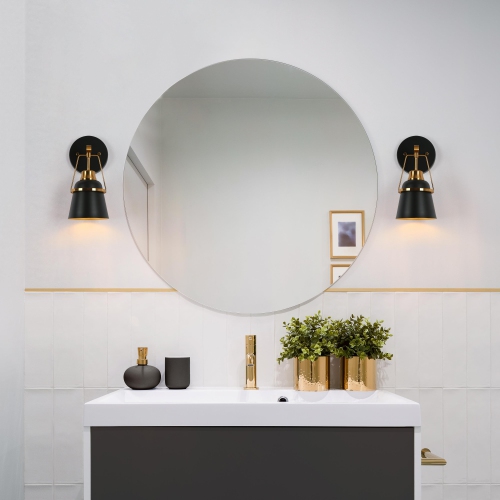 Modern Bathroom Cone Wall Sconce Light, 1-Light Black and Antique Gold Bedroom Wall Light with Metal Shade