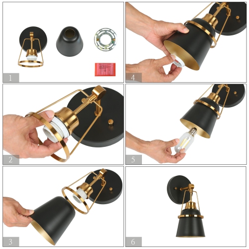 Modern Bathroom Cone Wall Sconce Light, 1-Light Black and Antique Gold Bedroom Wall Light with Metal Shade