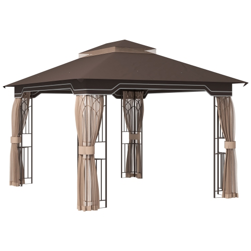 OUTSUNNY  12' X 10' Patio Gazebo Outdoor Canopy Shelter With Double Tier Roof And Netting Sidewalls for Garden, Lawn, Backyard And Deck In Brown