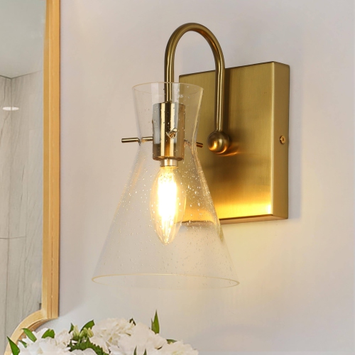 UOLFIN  Modern Funnel Bedroom Wall Light, 1-Light Bathroom Vanity Light Dome Wall Mount Sconce With Seeded Glass Shade In Gold