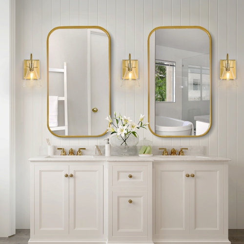 Modern Funnel Bedroom Wall Light, 1-Light Gold Bathroom Vanity Light Dome Wall Mount Sconce with Seeded Glass Shade