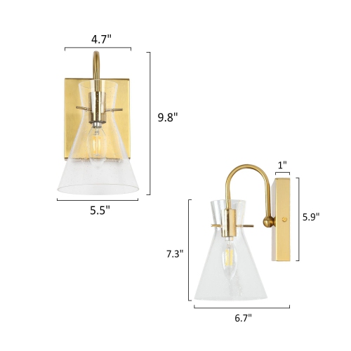 Modern Funnel Bedroom Wall Light, 1-Light Gold Bathroom Vanity Light Dome Wall Mount Sconce with Seeded Glass Shade