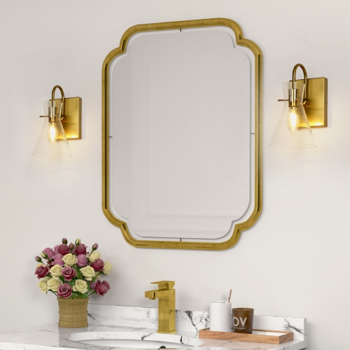 Modern Funnel Bedroom Wall Light, 1-Light Gold Bathroom Vanity Light Dome Wall Mount Sconce with Seeded Glass Shade