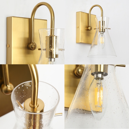 Modern Funnel Bedroom Wall Light, 1-Light Gold Bathroom Vanity Light Dome Wall Mount Sconce with Seeded Glass Shade