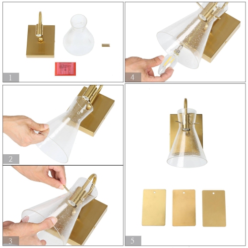 Modern Funnel Bedroom Wall Light, 1-Light Gold Bathroom Vanity Light Dome Wall Mount Sconce with Seeded Glass Shade