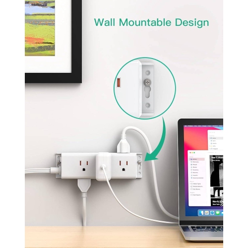 Power Bars with Surge Protector , 9 Widely Spaced Multi Outlets, 3 Side Outlet Extender with 5Ft Extension Cord, Wall Mount, Flat Plug for Office Home