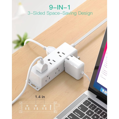 Power Bars with Surge Protector , 9 Widely Spaced Multi Outlets, 3 Side Outlet Extender with 5Ft Extension Cord, Wall Mount, Flat Plug for Office Home