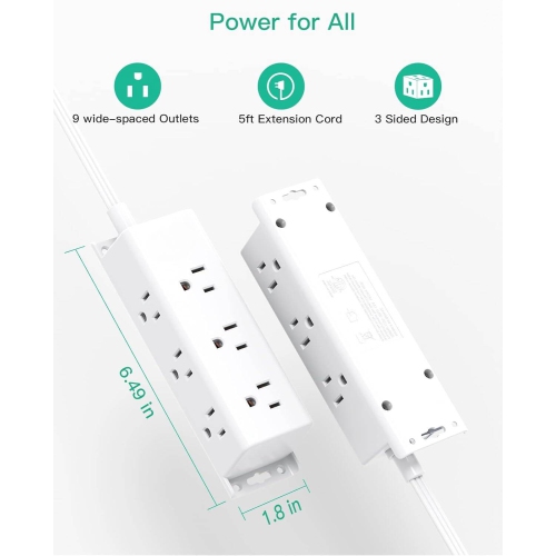 Power Bars with Surge Protector , 9 Widely Spaced Multi Outlets, 3 Side Outlet Extender with 5Ft Extension Cord, Wall Mount, Flat Plug for Office Home