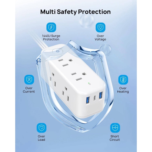 Barre d'alimentation ultramince à fiche plate USB-C, rallonge plate, parasurtenseur intérieur 5&nbsp;pi, 6 prises multiples, 3 ports USB pour les