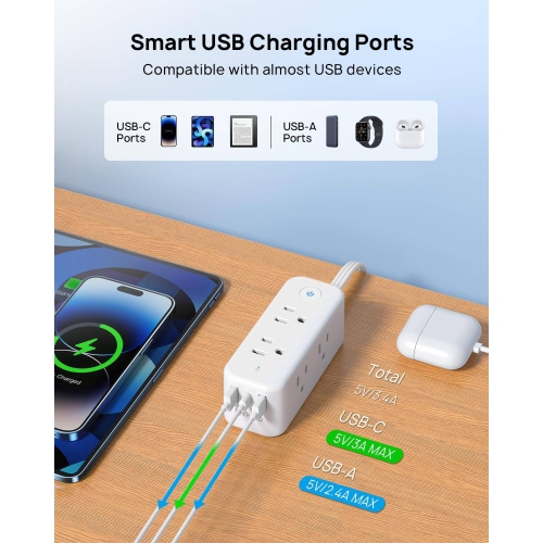 Barre d'alimentation ultramince à fiche plate USB-C, rallonge plate, parasurtenseur intérieur 15&nbsp;pi, 6 prises multiples, 3 ports USB pour les