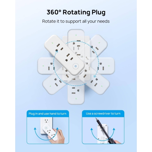 Parasurtenseur de prolongateur de prise, adaptateur mural pivotant à 3 côtés, répartiteur de prises multiples rotatif c.a. de 6 a, module d'extension