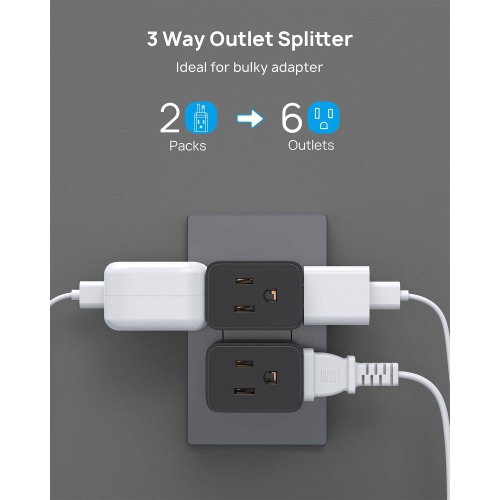 2 Pack Multi Plug Outlet Extender, 3-Sided Multiple Electrical Expander, Wall Outlet Splitter with 3 Way Plug, Mini Travel Adapter Spaced for Home