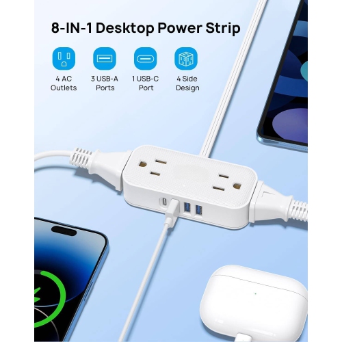Ultra-Thin Flat Plug Power Bar, 4 USB Ports 4 Multi Outlets, USB C Flat Extension Cord Indoor 5ft, Cruise Ship Travel Essentials, Small Desktop Power