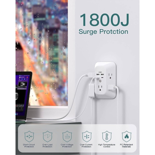 Parasurtenseur à 5 prises avec 4 ports de chargement USB, chargeur mural USB, prise multiprise, prise 1800&nbsp;J à 3 côtés, adaptateur de prise