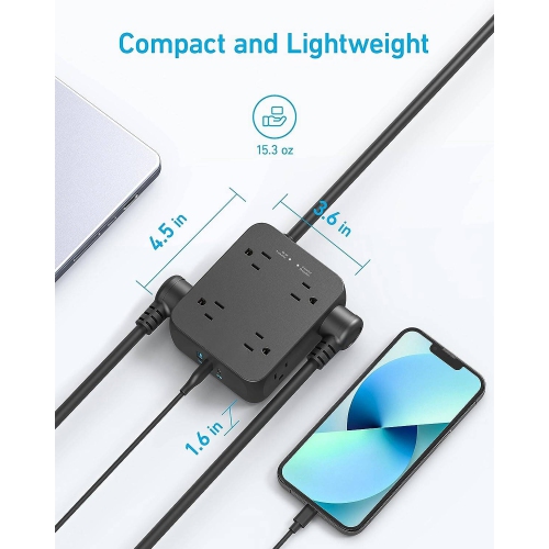 2000J Surge Protector, 2 USB-A Ports and 1 USB-C Port, USB Power Strip with 8 Outlets, 20W Power Delivery for iPhone 14, 5ft Extension Cord, Flat