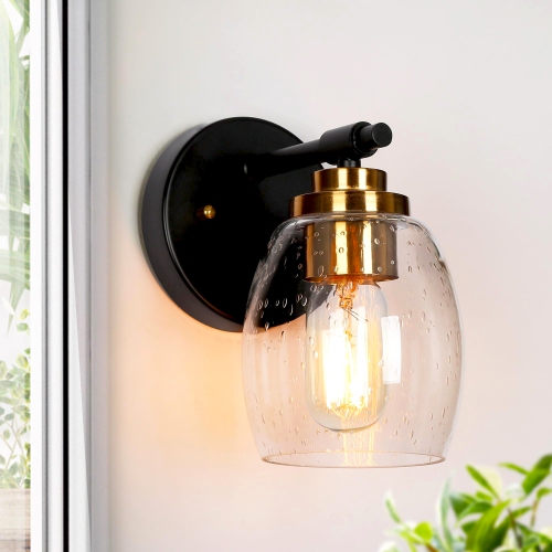 Transitional Cylinder Bathroom Wall Sconce, 1-Light Industrial Plating Brass and Black Wall Light with Seeded Glass Shade
