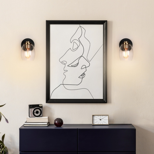 Transitional Cylinder Bathroom Wall Sconce, 1-Light Industrial Plating Brass and Black Wall Light with Seeded Glass Shade