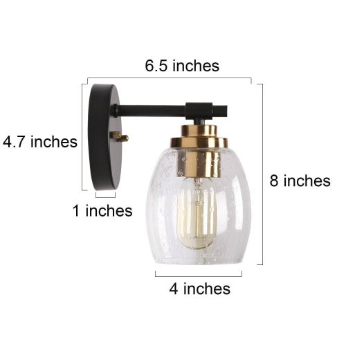 Transitional Cylinder Bathroom Wall Sconce, 1-Light Industrial Plating Brass and Black Wall Light with Seeded Glass Shade
