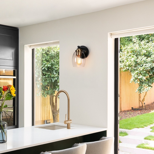 Transitional Cylinder Bathroom Wall Sconce, 1-Light Industrial Plating Brass and Black Wall Light with Seeded Glass Shade