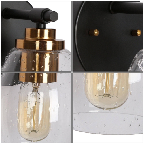 Transitional Cylinder Bathroom Wall Sconce, 1-Light Industrial Plating Brass and Black Wall Light with Seeded Glass Shade