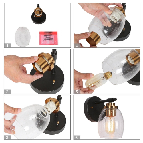 Transitional Cylinder Bathroom Wall Sconce, 1-Light Industrial Plating Brass and Black Wall Light with Seeded Glass Shade