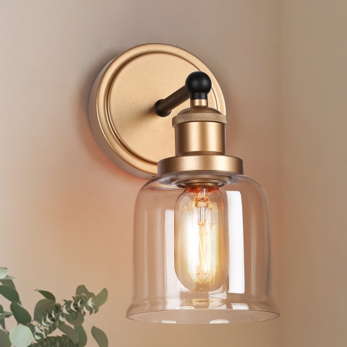 Transitional Bell Bathroom Wall Sconce Light, 1-Light Modern Black and Brass Wall Light with Clear Glass Shade