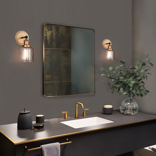 Transitional Bell Bathroom Wall Sconce Light, 1-Light Modern Black and Brass Wall Light with Clear Glass Shade
