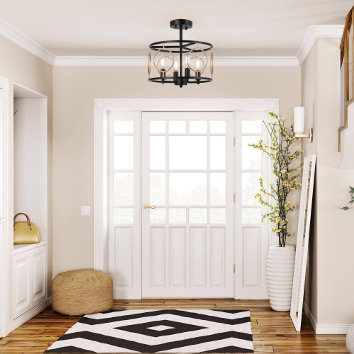 Modern Farmhouse Semi-Flush Mount, 12.8 in. 4-Light Black and Gold Drum Ceiling Light