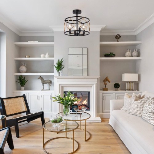 Modern Farmhouse Semi-Flush Mount, 12.8 in. 4-Light Black and Gold Drum Ceiling Light