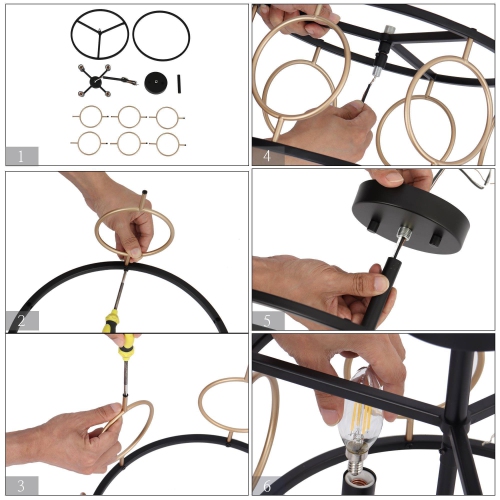 Modern Farmhouse Semi-Flush Mount, 12.8 in. 4-Light Black and Gold Drum Ceiling Light