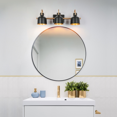 Modern Bathroom Vanity Light, 22.5 in. 3-Light Farmhouse Black and Gold Bell Cylinder Wall Sconce Light