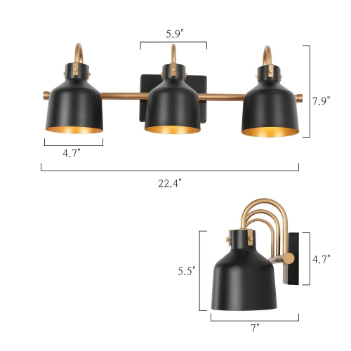 Modern Bathroom Vanity Light, 22.5 in. 3-Light Farmhouse Black and Gold Bell Cylinder Wall Sconce Light