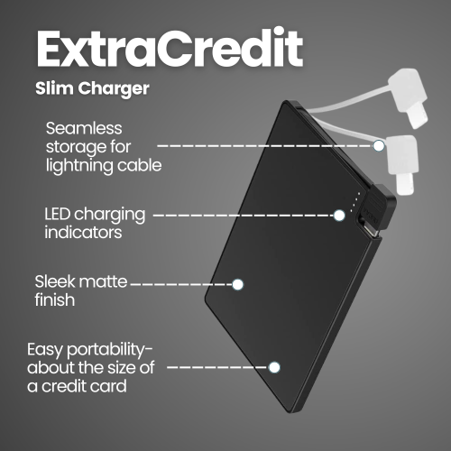 Chargeur portatif mince ExtraCredit de TechLok | taille carte de crédit chargeur portable pour iPhone | recharge rapide avec câble Lightning intégré