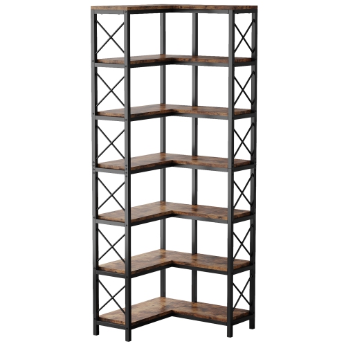 TRIBESIGNS  7-Tier Corner Bookshelf, 78.7" L-Shaped Book Storage Display Rack, Rustic & Black In Brown