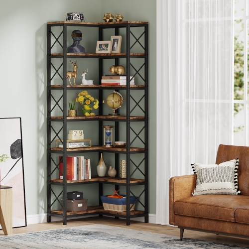 Tribesigns 7-Tier Corner Bookshelf, 78.7" L-Shaped Book Storage Display Rack, Rustic Brown & Black