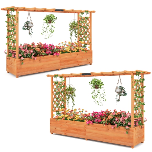 GYMAX  Raised Garden Bed W/ 2-Sided Trellis & Hanging Roof Fir Wood Planter Box W/ Drainage Holes