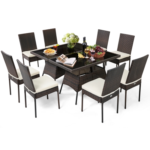 Gymax 10 PCS Rattan Dining Set w/ Glass Table & High Back Chair Patio Mix Brown