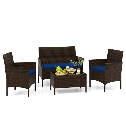 GYMAX  4 PCs Patio Rattan Conversation Set Outdoor Wicker Furniture Set W/ Chair & Loveseat