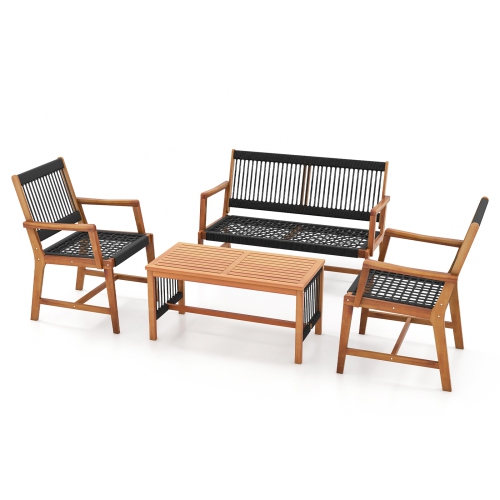 GYMAX  4 Pieces Conversation Set Acacia Wood Loveseat Chair & Table for Patio