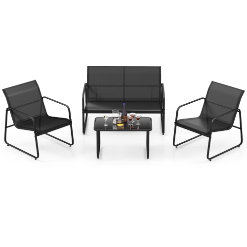 GYMAX  4 PCs Furniture Set Tempered Glass Coffee Table Chair Outdoor Patio Loveseat In Black