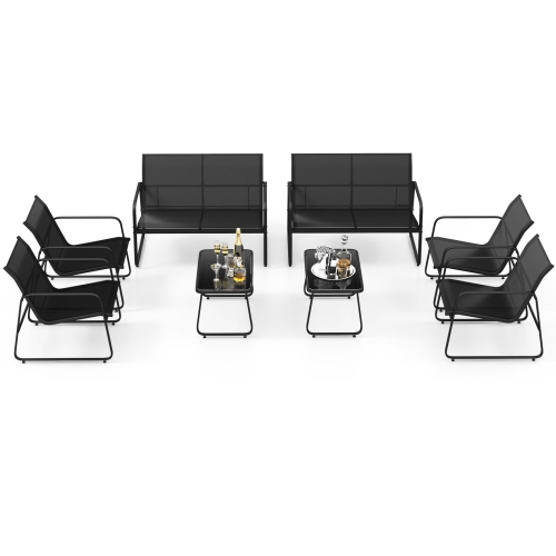 GYMAX  8 PCs Outdoor Furniture Set W/ Tempered Glass & Coffee Table Chair Loveseat Patio
