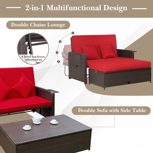 Gymax Rattan Loveseat Set Daybed Lounge Storage Ottoman Side Tables Adjust Red Patio