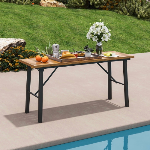 Gymax Patio Folding Picnic Table Acacia Wood Dining Table w/ Metal Frame