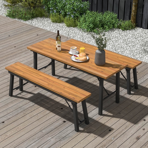 Gymax Patio Folding Picnic Table Acacia Wood Dining Table w/ Metal Frame