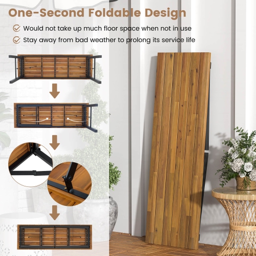 Gymax Patio Folding Picnic Table Acacia Wood Dining Table w/ Metal Frame